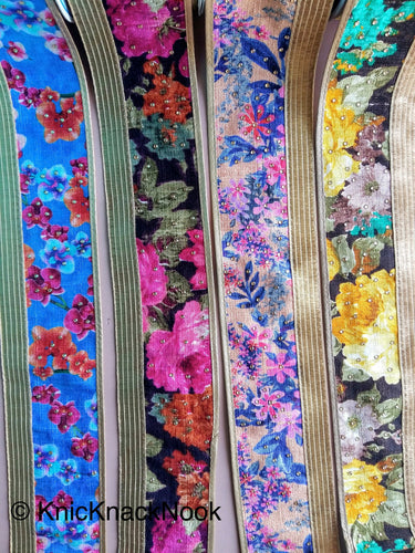 Brown And Gold Fabric Trim With Yellow, Green And Brown Floral Design Embellished With Diamantes, Digital Print Trim Border - 200317L404